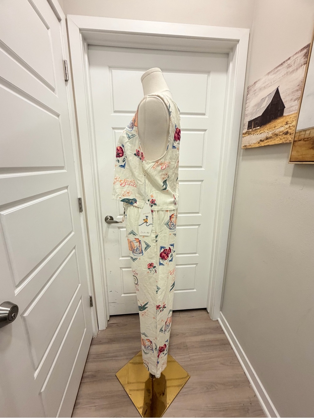 Cali 1850 Floral Print White Wide-Leg Lounge Set with Tie-Front Top Linen Blend - Picture 7 of 11